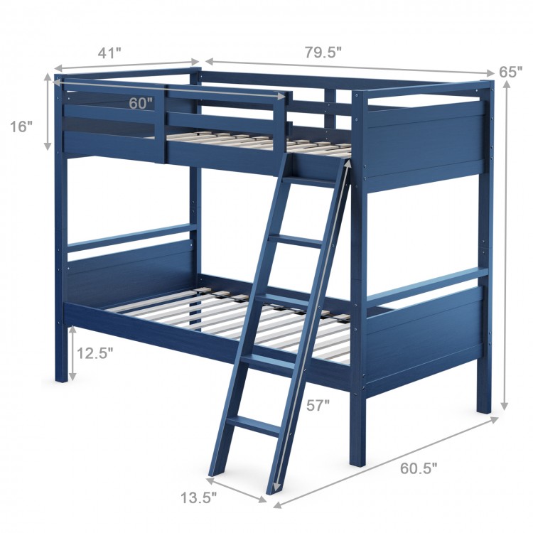 Twin over twin bunk bed in navy with high guardrails and inclined ladder, convertible to two individual beds.