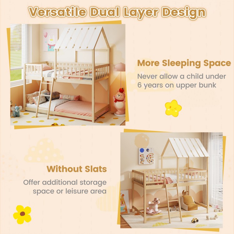 Twin over twin house bunk bed in natural wood with roof, full-length guardrails, and versatile dual-layer design for.
