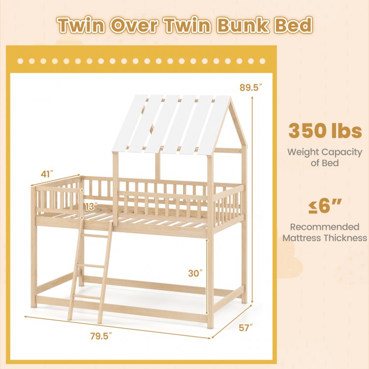 Twin over twin house bunk bed in natural wood with roof, full-length guardrails, and sturdy ladder for kids' safety.