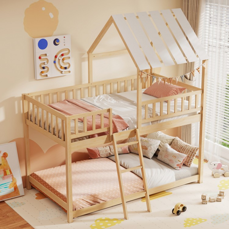 Twin over twin house bunk bed in natural wood, featuring a cozy lower floor bed with a playful design for kids' rooms.