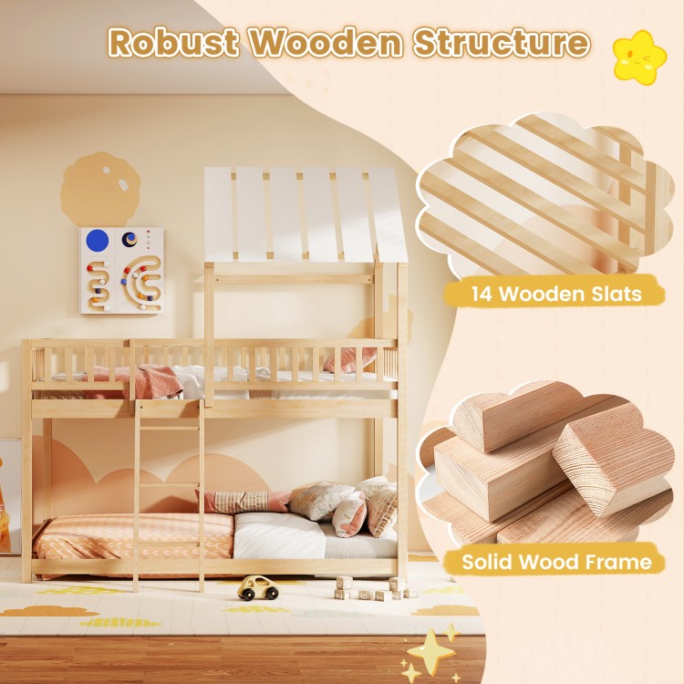Twin over twin house bunk bed with roof, solid pine wood frame, and full-length guardrails for kids' safety and comfort.