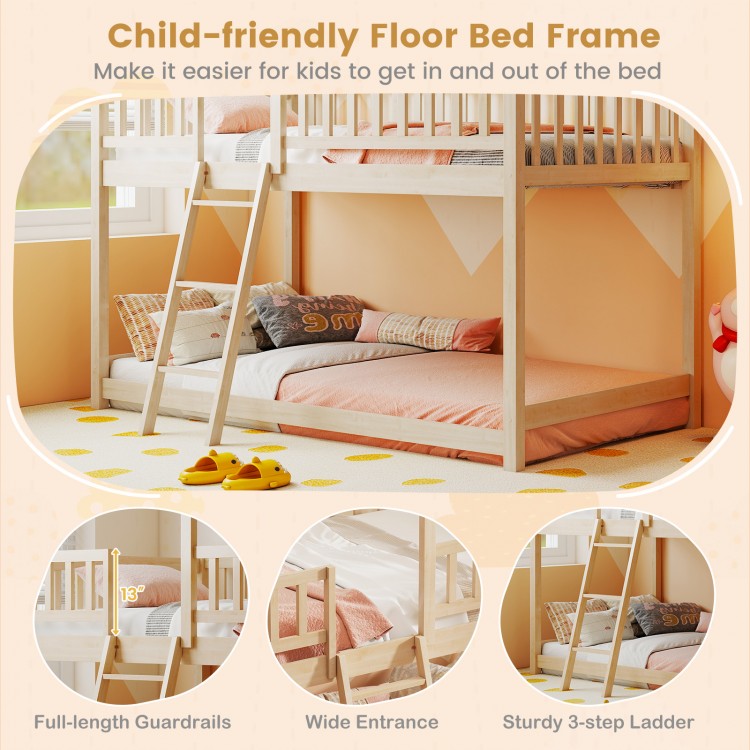 Child-friendly floor bed frame in natural wood with wide entrance and sturdy 3-step ladder for easy access and safety.