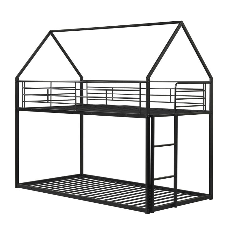 House-shaped twin over twin metal bunk bed in black with roof, ladder, and guardrails for safe sleeping.