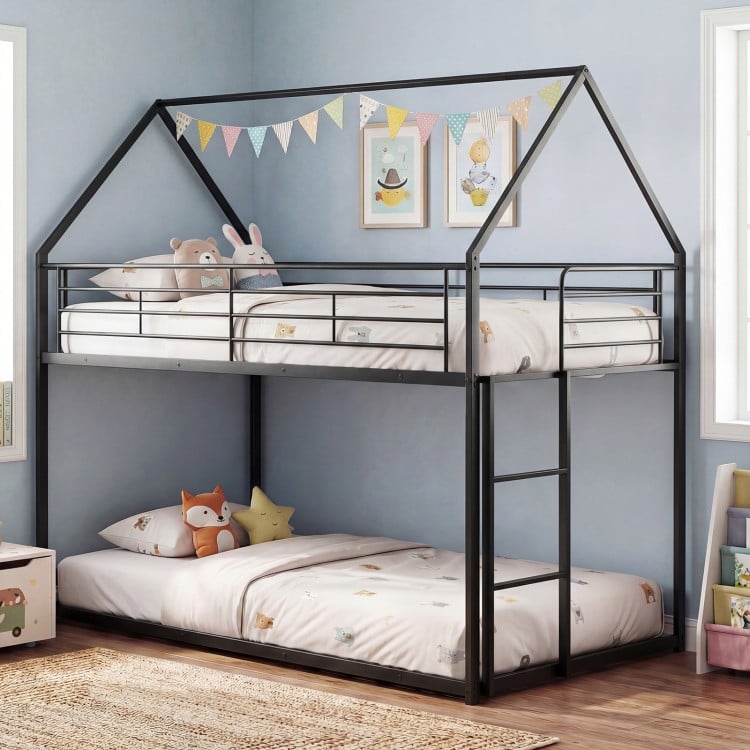 Twin over twin black metal bunk bed with roof design and integrated ladder, perfect for creative kids' room setups.