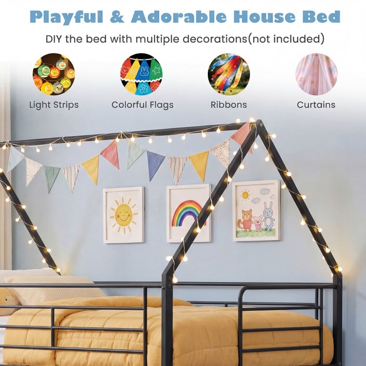 House-shaped twin over twin metal bunk bed in black with roof design, ideal for creative DIY decorations.