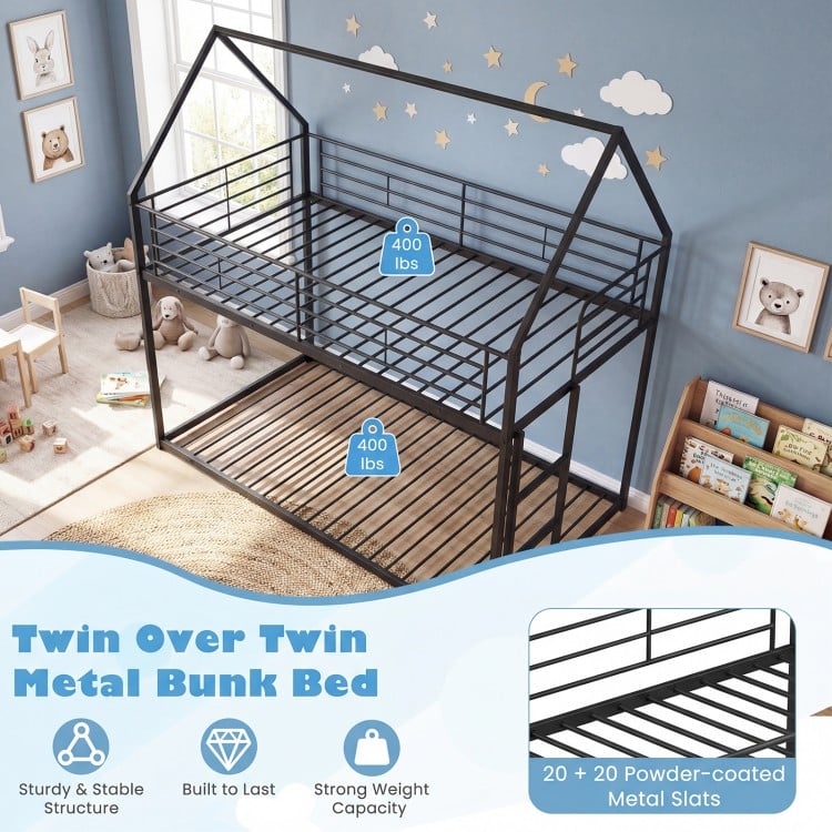 Twin over twin metal bunk bed in black with roof design, sturdy slats, and integrated ladder for safe, creative.