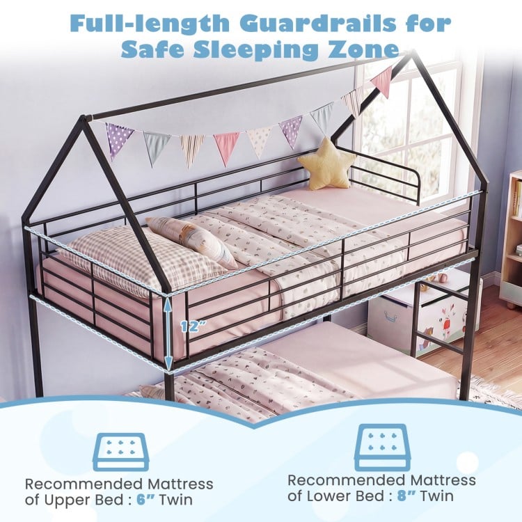 Twin over twin metal bunk bed with roof design, featuring full-length guardrails for safe sleeping and integrated.