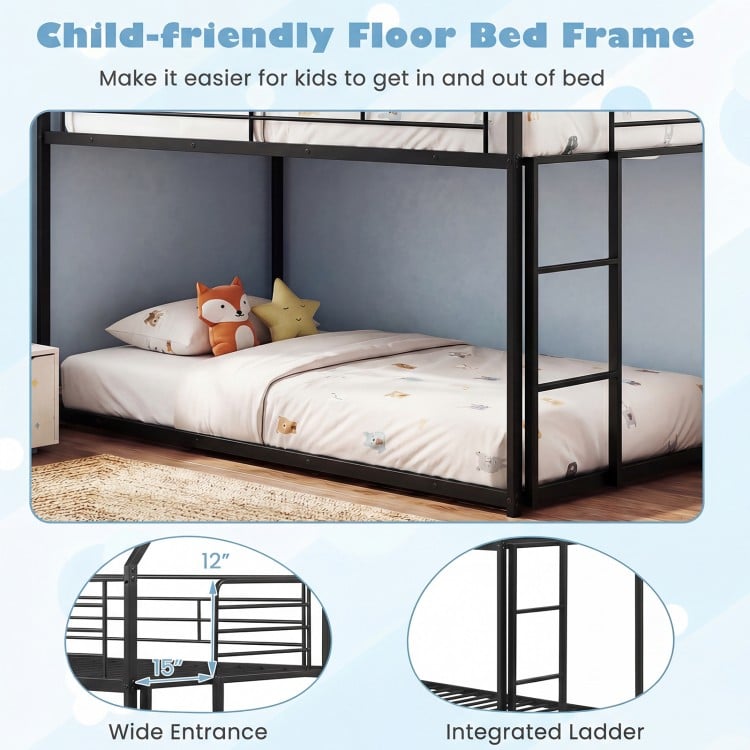 Child-friendly twin over twin metal bunk bed with roof, integrated ladder, and wide entrance for easy access.