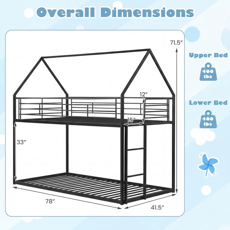 Twin over twin metal bunk bed with roof design, featuring dimensions and weight capacity details for kids' safety and.