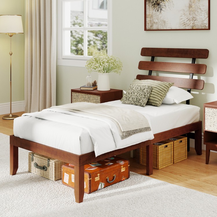Twin size bed frame with a retro headboard, solid wood construction, and ample under-bed storage for boxes and shoes.