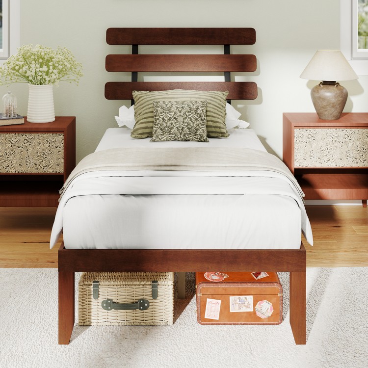 Twin size bed frame with a retro headboard, showcasing a comfortable sloped design and sturdy rubber wood legs for.