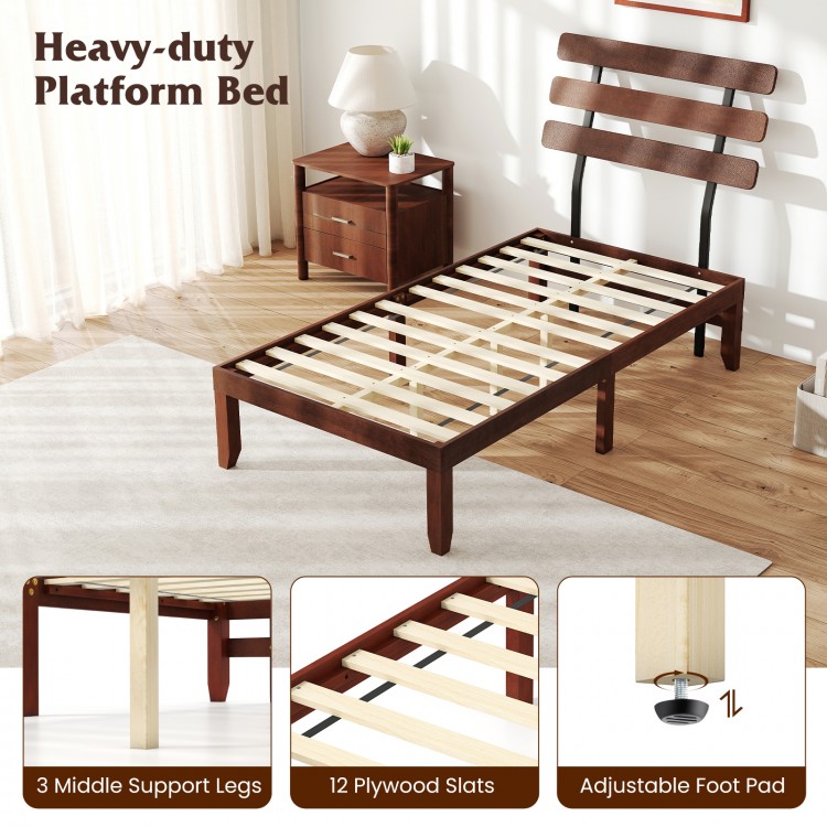 Twin size solid wood platform bed frame with retro headboard, featuring 12 plywood slats and adjustable foot pads.