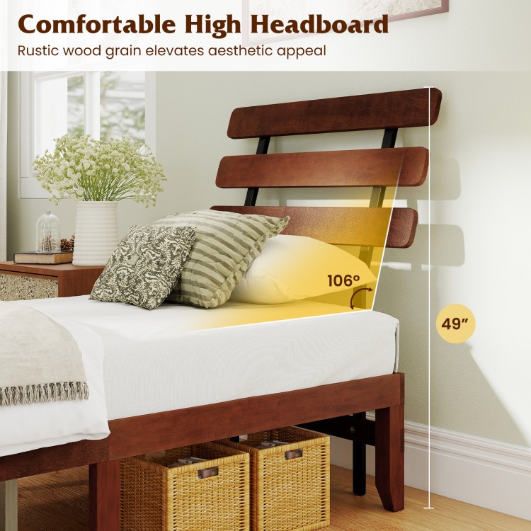 Twin size bed frame with a rustic wood grain headboard, featuring a comfortable high design for stylish bedroom decor.