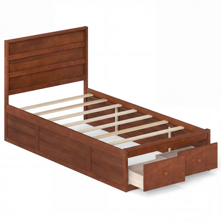 Twin size bed frame in walnut with headboard and two storage drawers for clothes, featuring sturdy wood construction.