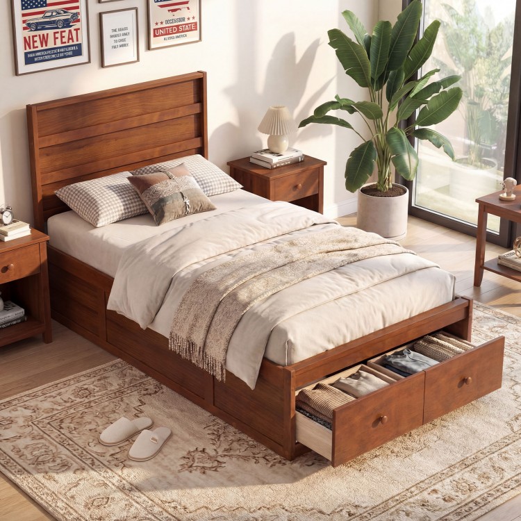 Twin size bed frame in walnut with storage drawers, headboard, and robust plywood slats for modern bedroom decor.