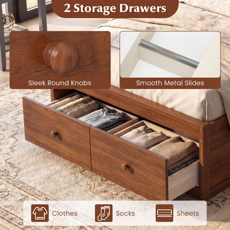 Twin size bed frame in walnut with two storage drawers, featuring sleek knobs and smooth metal slides for easy access.