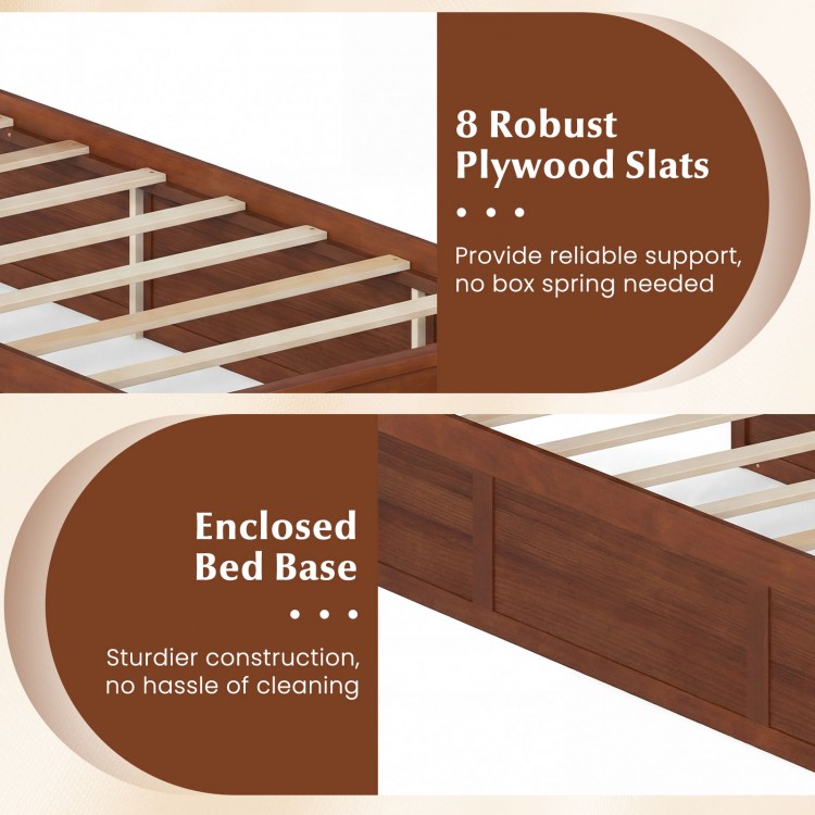 Twin size bed frame in walnut with headboard, featuring 8 plywood slats and 2 storage drawers for organized space.