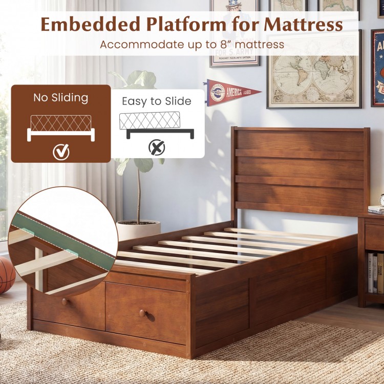 Twin size bed frame in walnut with storage drawers, headboard, and embedded platform for mattress support.