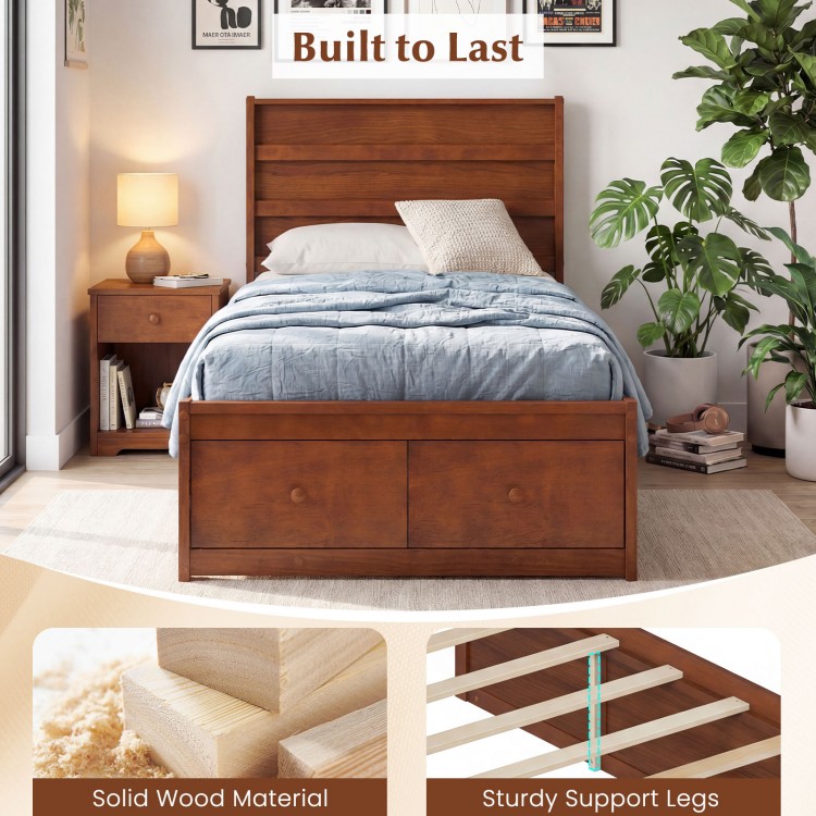 Twin size bed frame in walnut with headboard, featuring two storage drawers and sturdy support legs for reliable use.