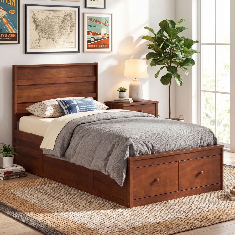 Twin size bed frame in walnut with headboard and storage drawers, perfect for modern bedroom decor and organization.