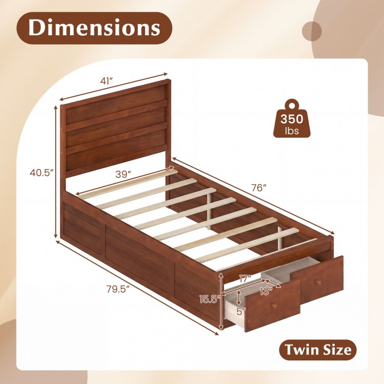Twin size bed frame in walnut with headboard and storage drawers, featuring robust plywood slats for mattress support.