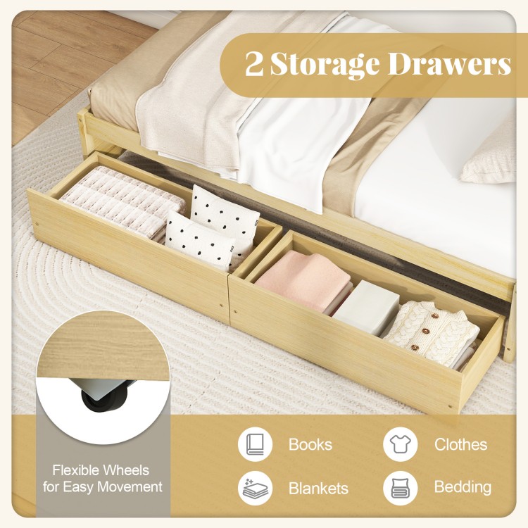 Twin size captain bed with two pull-out storage drawers on wheels, perfect for storing clothes and blankets.