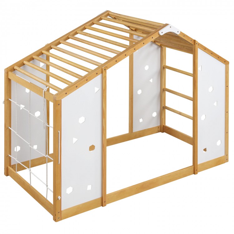 Twin size Montessori climbing bed with natural wood frame, monkey bars, and playful geometric cut-outs for kids' fun.