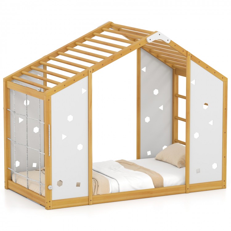 Twin size Montessori floor bed with natural wood frame, monkey bars, and playful cut-out shapes for kids' fun.