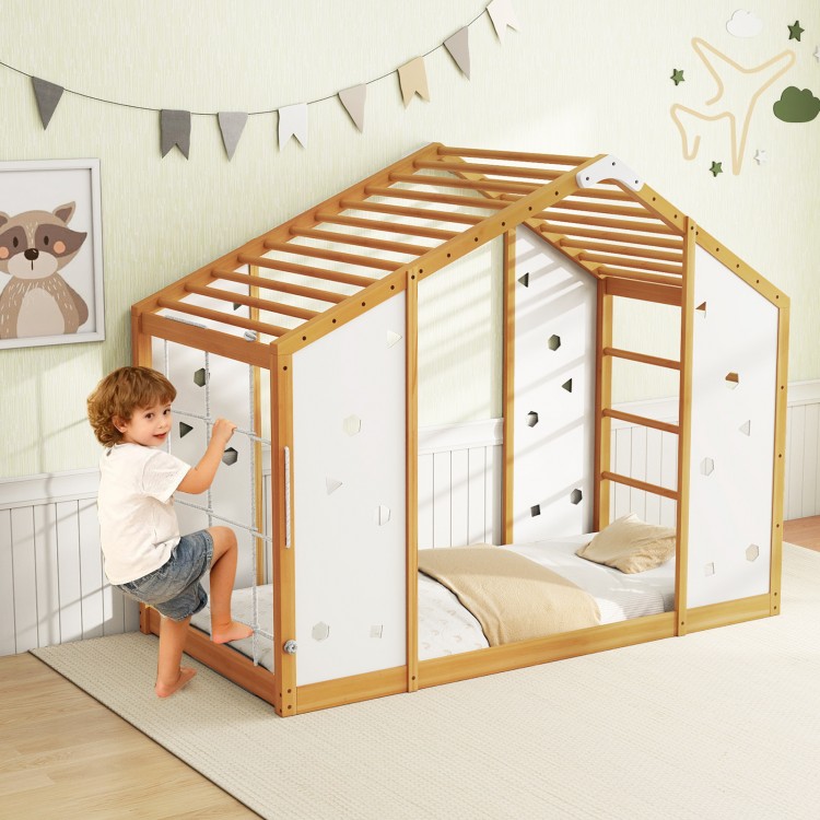 Twin size Montessori floor bed with monkey bars, wooden frame, and playful cut-out shapes for kids' fun and comfort.