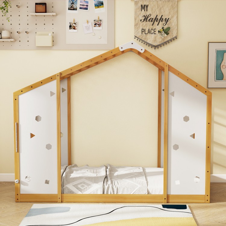 Twin size Montessori floor bed with natural wood frame, geometric cut-outs, and monkey bars for playful sleeping space.