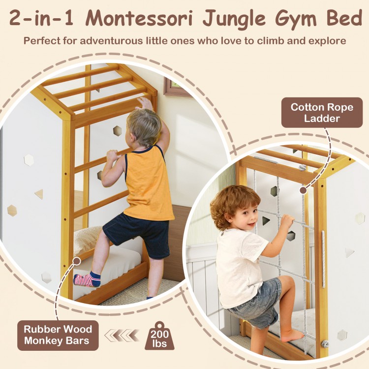 Twin size Montessori climbing bed with rubber wood monkey bars and cotton rope ladder, perfect for adventurous play.
