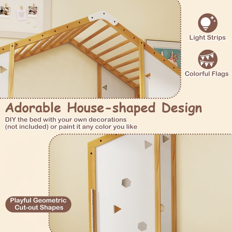 Twin size climbing bed with house-shaped design, rubber wood monkey bars, and playful geometric cut-out shapes for kids.