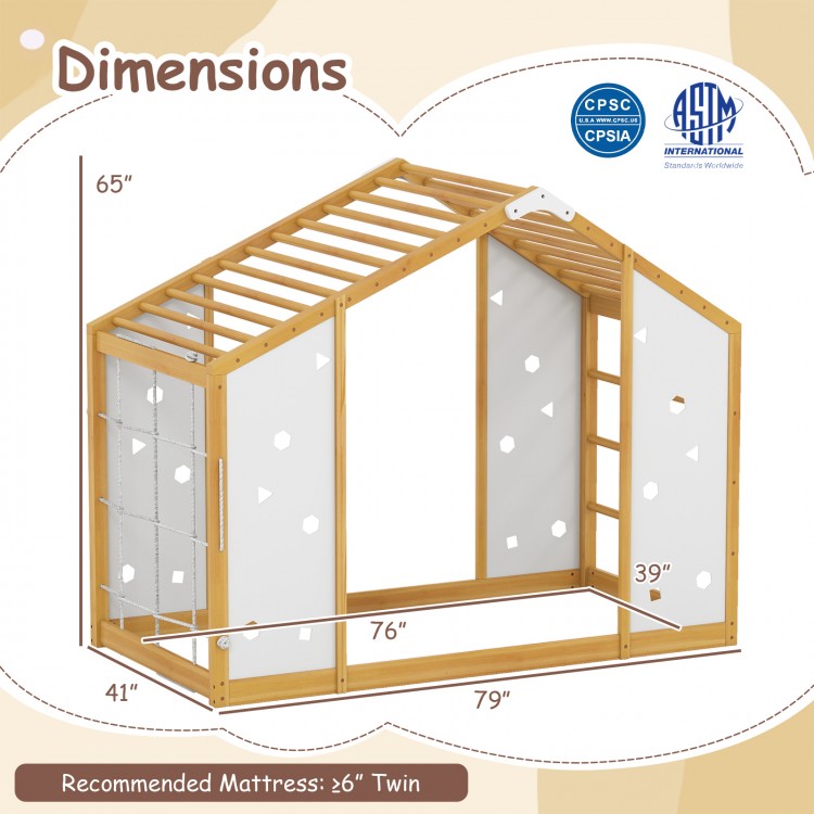 Twin size climbing bed with monkey bars and geometric cut-outs, designed for playful and safe sleeping and play areas.