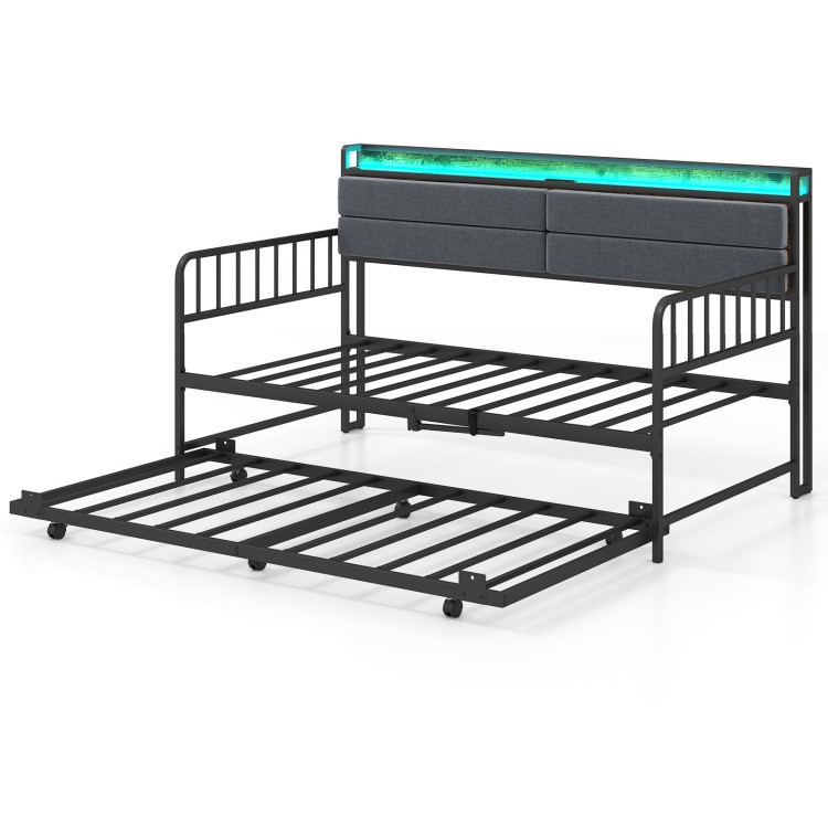 Twin size daybed with trundle in rustic brown, featuring an upholstered headboard and ambient RGB LED lights for cozy.
