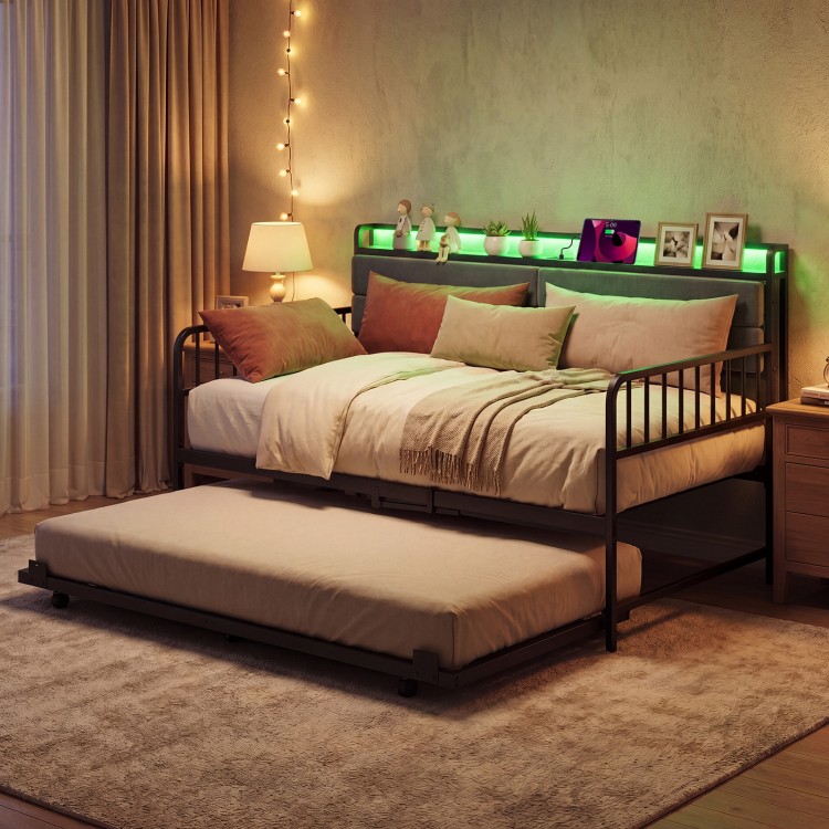 Close-up of the upholstered headboard on the Twin Size Daybed with Trundle, showcasing integrated charging station and.