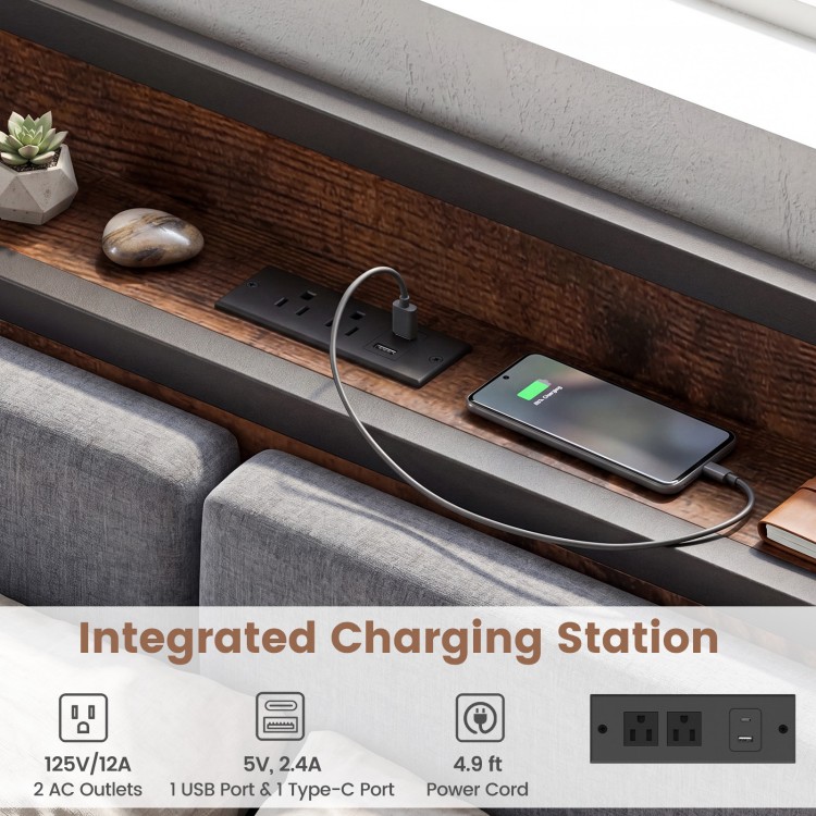 Twin size daybed with rustic brown metal frame, integrated charging station, and ambient RGB LED lights for cozy.