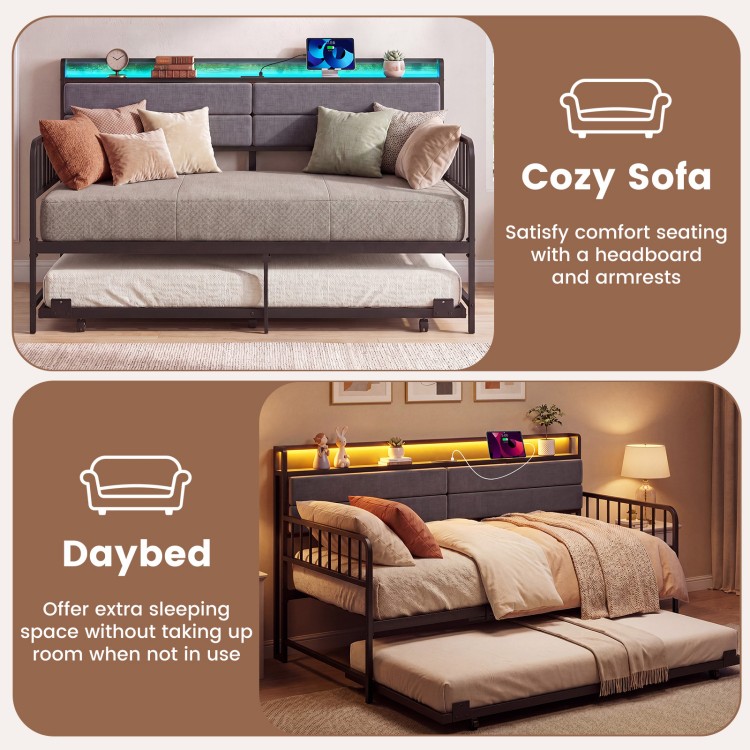 Twin size daybed with trundle in rustic brown, featuring a storage headboard and ambient RGB LED lights for versatile.