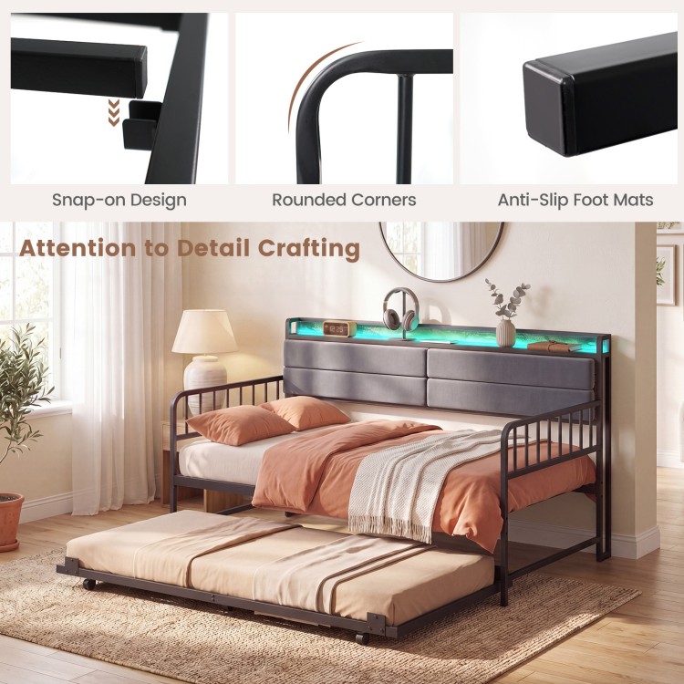 Close-up of the rounded corners and anti-slip foot mats on the Twin Size Daybed with Trundle for enhanced safety and.