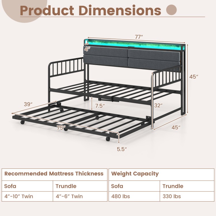 Dimensions of the Twin Size Daybed with Trundle in rustic brown, showcasing size specifications for optimal placement.