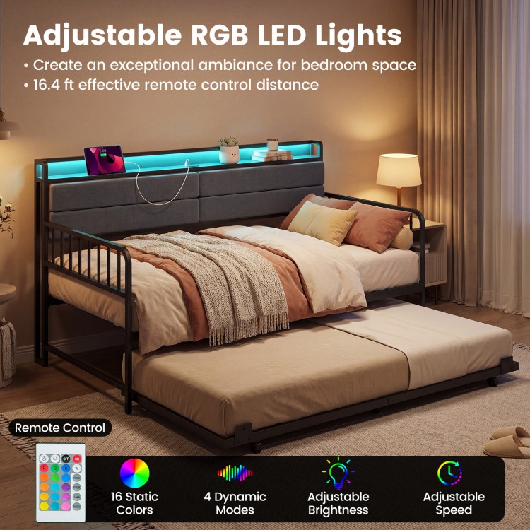 Twin size daybed with trundle in rustic brown featuring adjustable RGB LED lights for a cozy bedroom atmosphere.