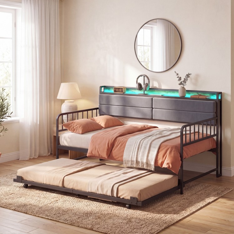 Side view of the Twin Size Daybed with Trundle in rustic brown, highlighting the cozy upholstered design and RGB LED.