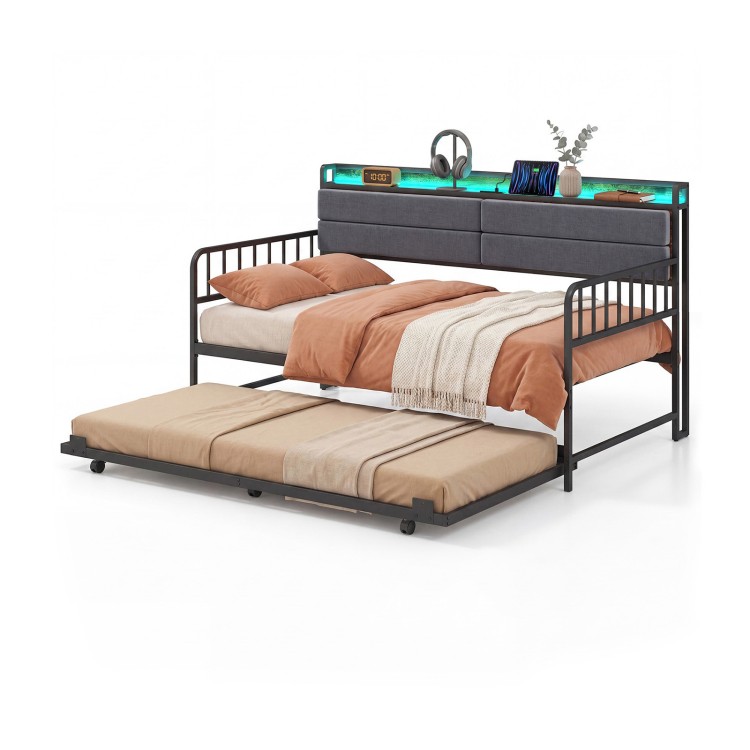 Twin size daybed with rustic brown finish, showcasing the cozy trundle setup and ambient RGB LED lights for inviting.