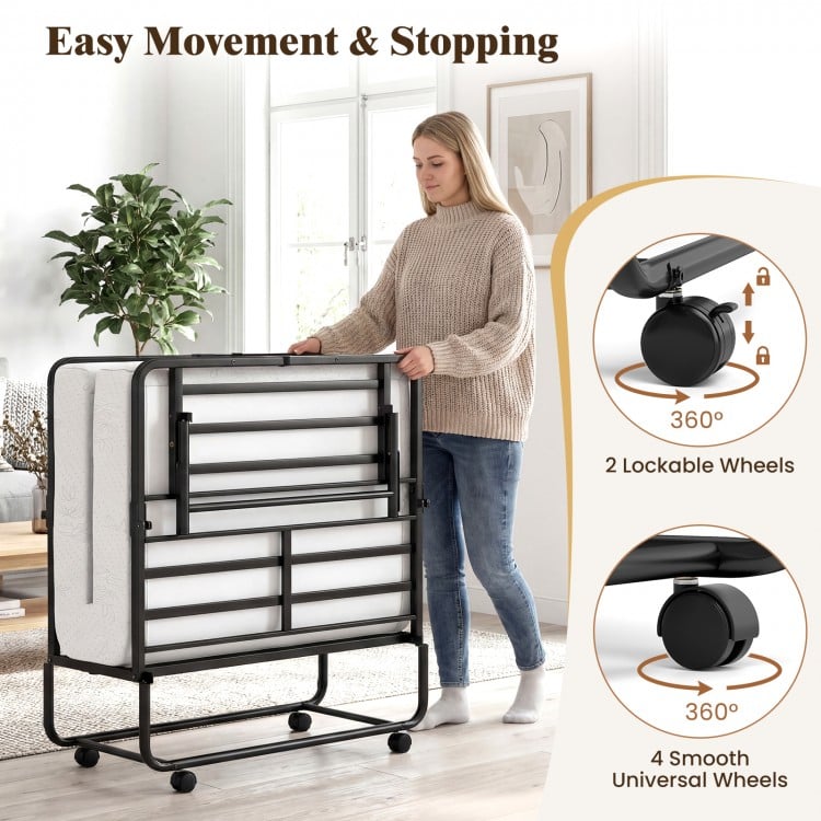 Folding twin size bed with 5-inch gel memory foam mattress and 4 wheels, ideal for guest rooms and easy storage.