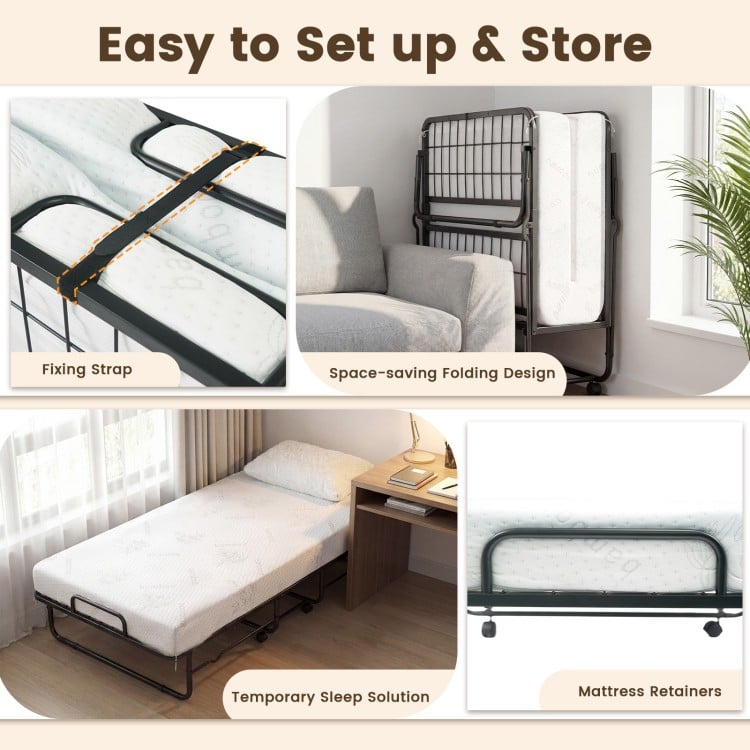 Twin size folding bed with 5-inch gel memory foam mattress, featuring a heavy-duty metal frame and space-saving design.