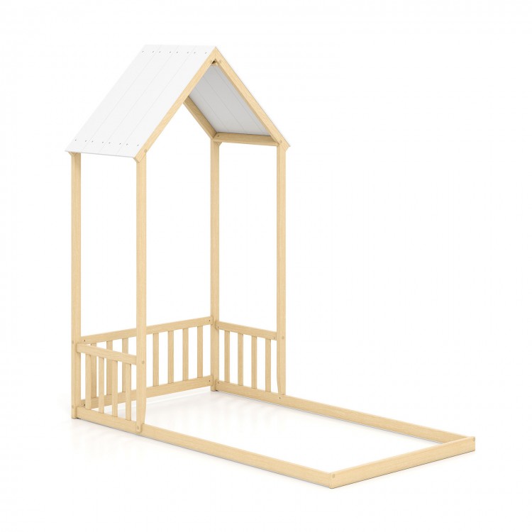 Twin size house bed frame in natural wood with house shape roof and semi-fence design for kids' safety and fun.