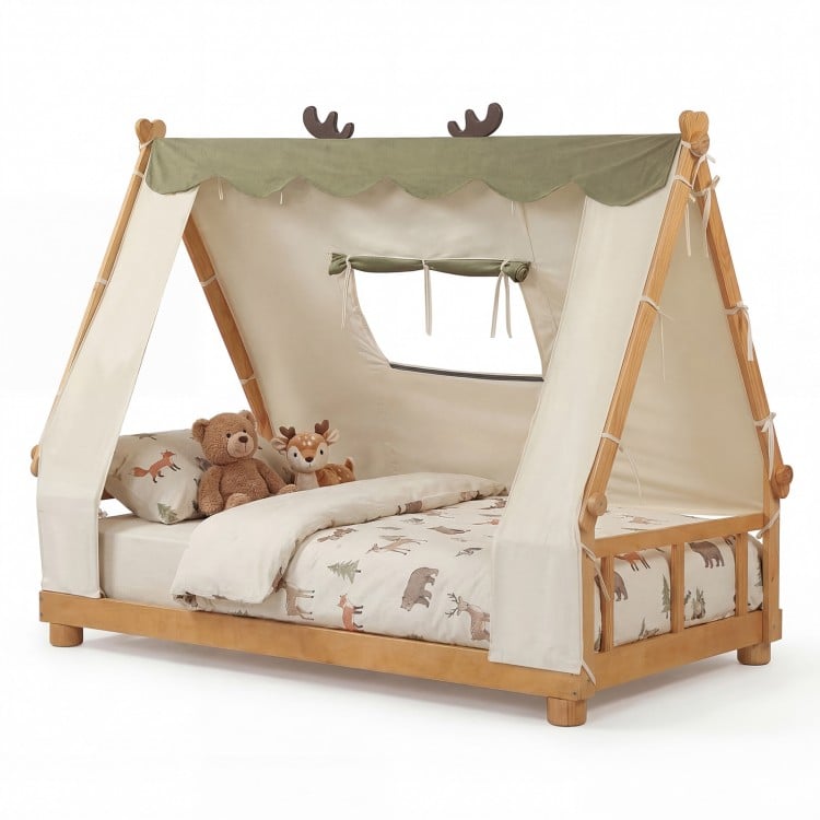 Twin size wooden bed with charming antler accents and roll-up curtain, creating a playful and cozy sleep environment.
