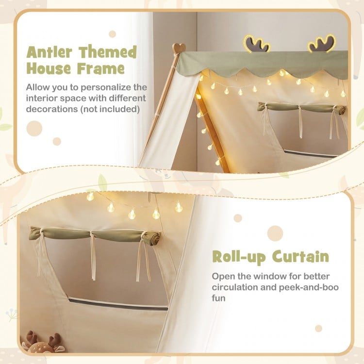 Antler themed house frame with roll-up curtain for the Twin Size House Floor Wood Bed, ideal for cozy children's sleep.