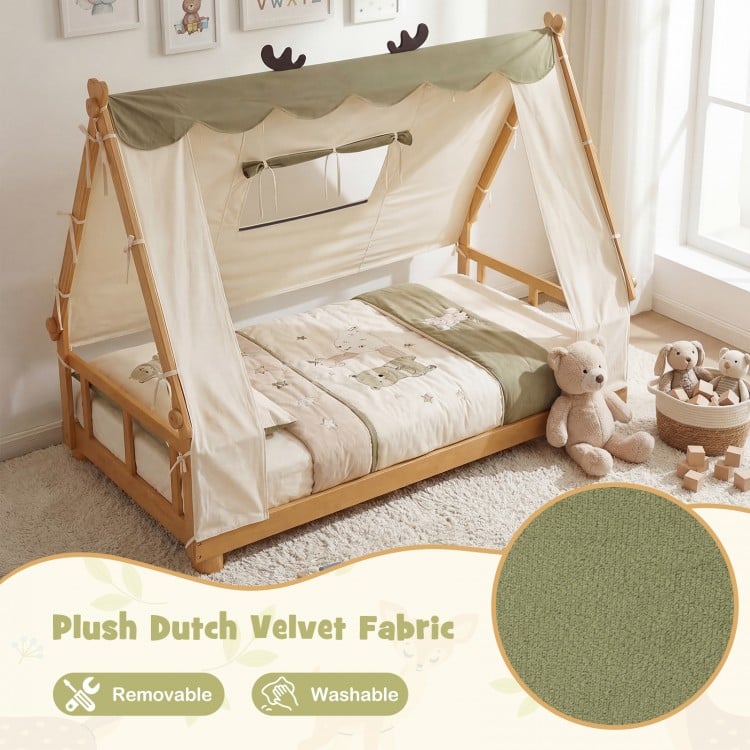 Twin size wooden bed with removable plush Dutch velvet tent, featuring antler design and protective side rails for kids.