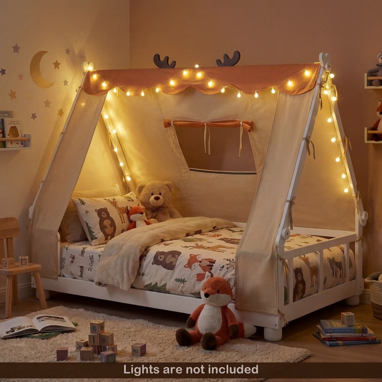 Twin size wooden bed with removable tent, antler-themed frame, and plush fabric for a cozy children's sleep space.