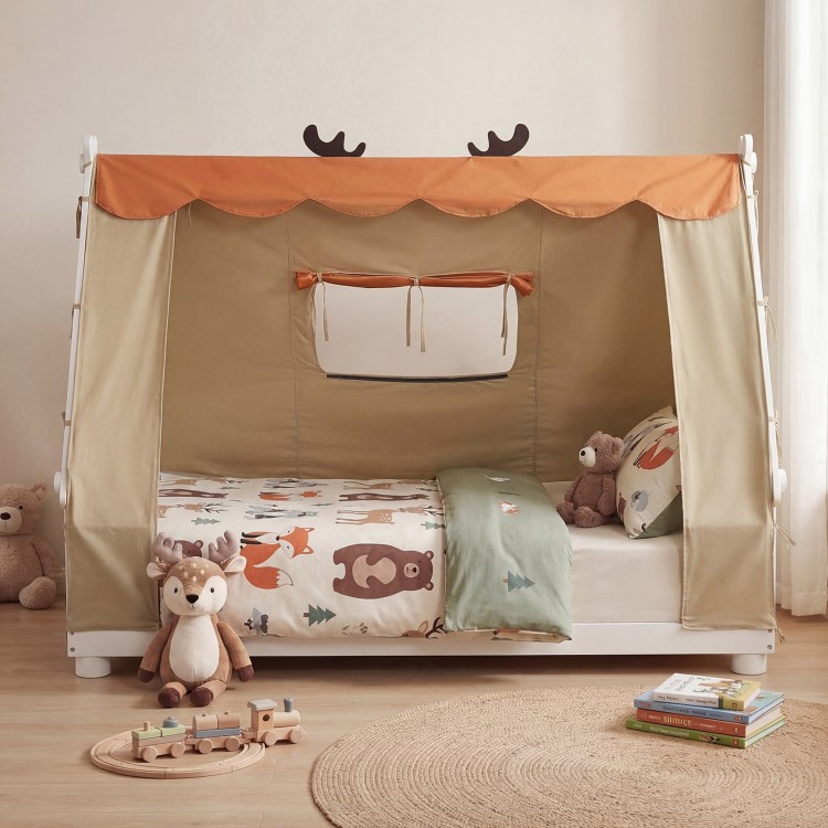 Cozy twin size house bed with plush tent and whimsical antler accents, perfect for children's independent play and.